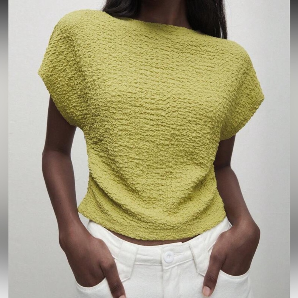Women's Green Short Cap/Batwing Sleeve T-Shirt With Ruched Waist | Size S | NWT